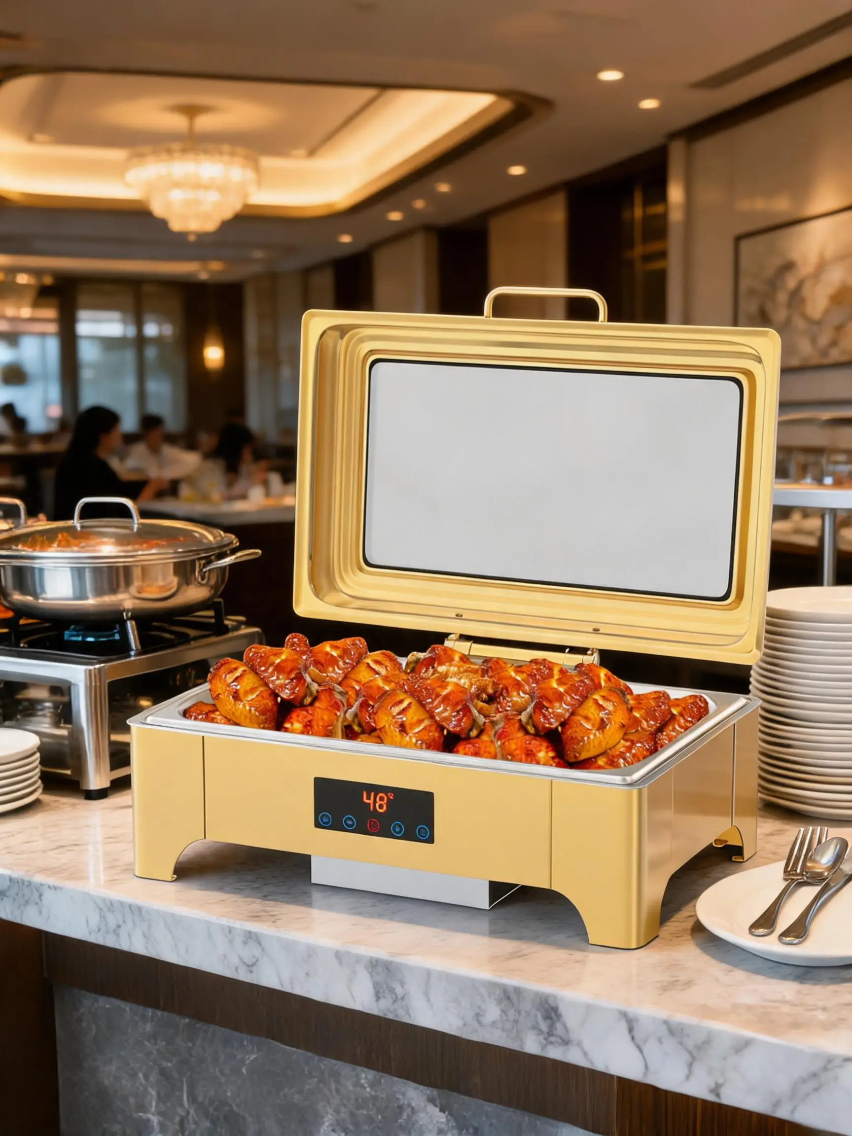 Efficient Interactive Display Electric Chafing Dish Buffet Set 9QT  Stainless Steel Roll Top Food Warmer  Durable Glass Lid  Commercial Catering Server   Suited for Parties  Weddings Events