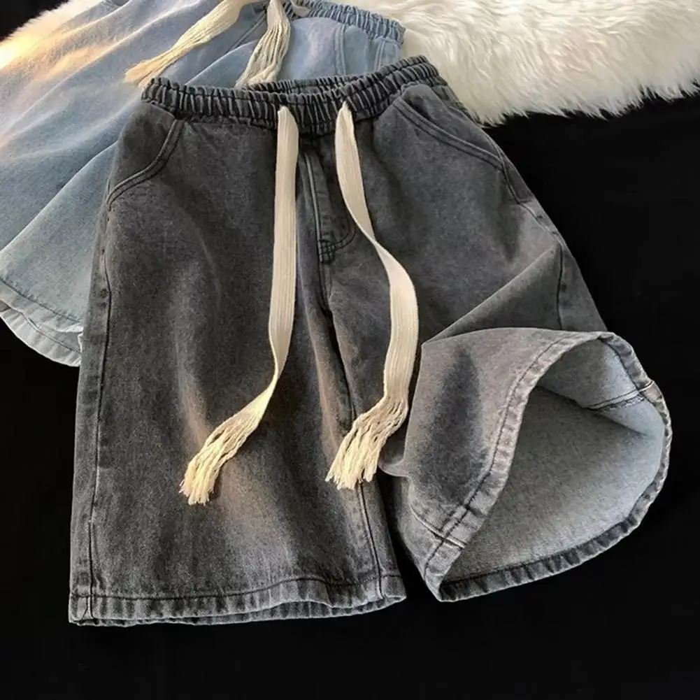 Men Wide-leg Denim Shorts Men's Elastic Drawstring Denim Shorts with Pockets Casual Summer Beach Shorts for Quick-drying Wide