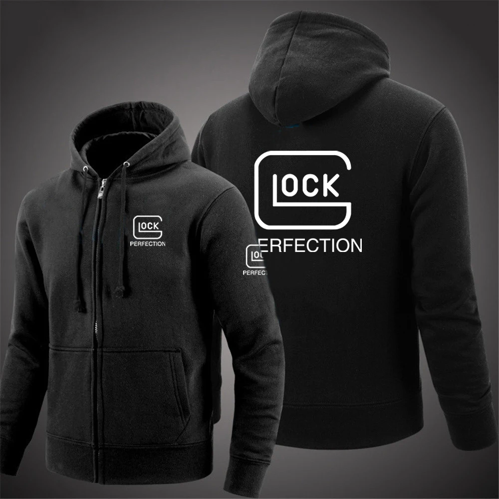 Glock Perfection Shooting Hooded Long Sleeve Men Jacket Drawstring Zipper Closure Solid Color Casual Sweatshirt Clothing 2025