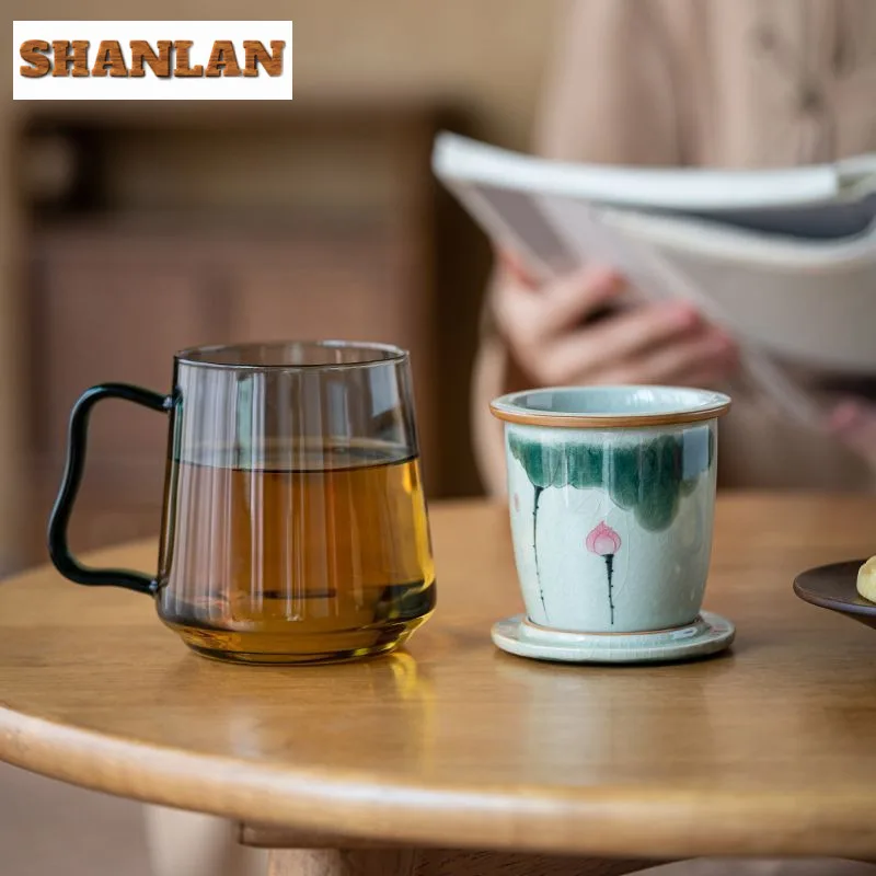 

470ml Hand Painted Lotus Glass Ilter Tea Separator Cup Personal Office Work Cup Tea Brewing Filtered Separation Mugs Drinkware
