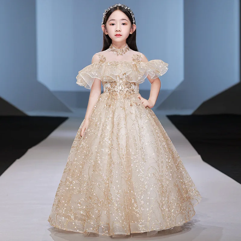 Elegant Champagne  Tulle Flower Girl Dress for Wedding Sequin Appliques Kids Party Prom Dress First Communion Princess Vestidos