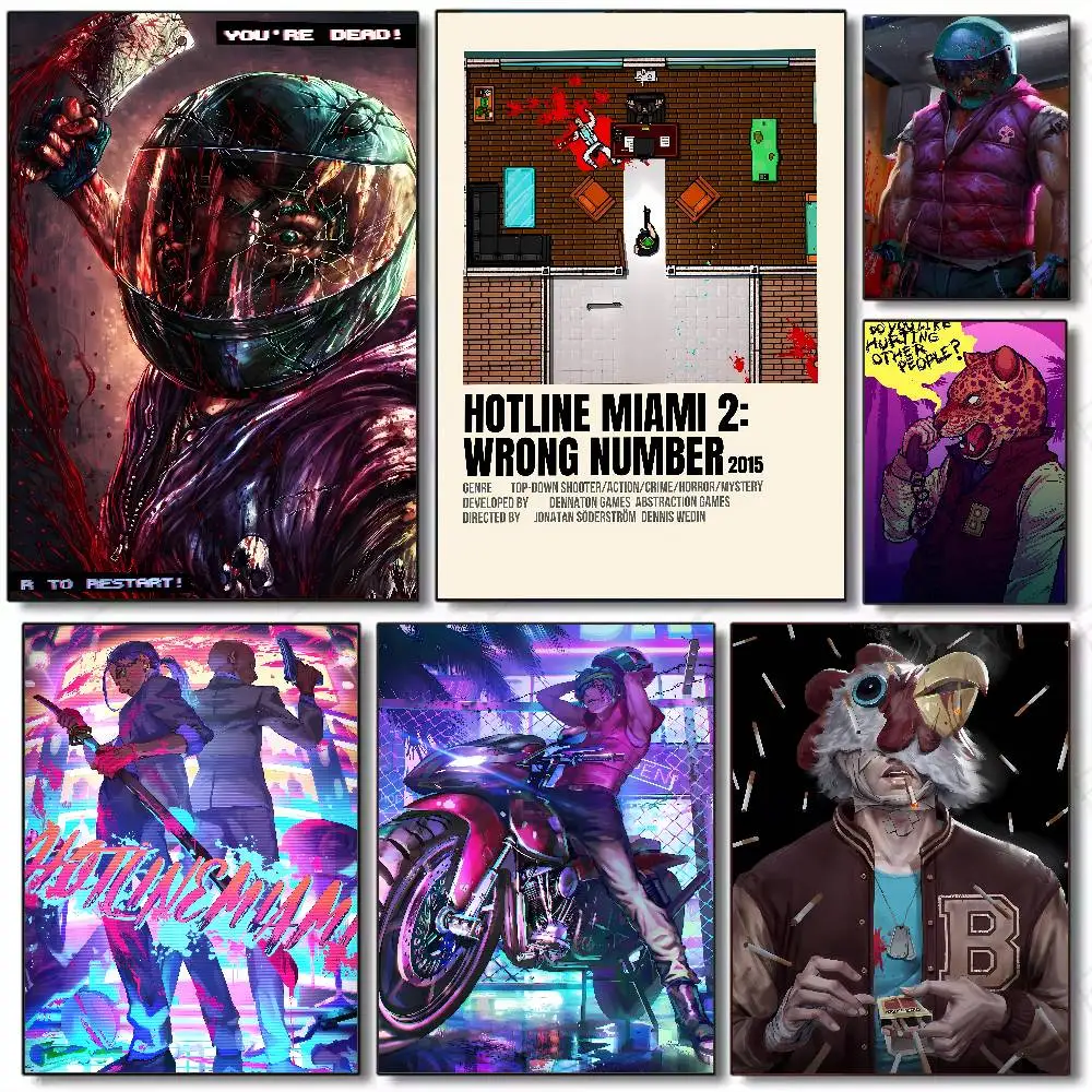 Pôster de Jogo de Horror em Perspectiva Superior Hotline Miami, Adesivo de Papel Artístico Autoadesivo para Decoração de Parede de Cafeteria, Bar e Quarto