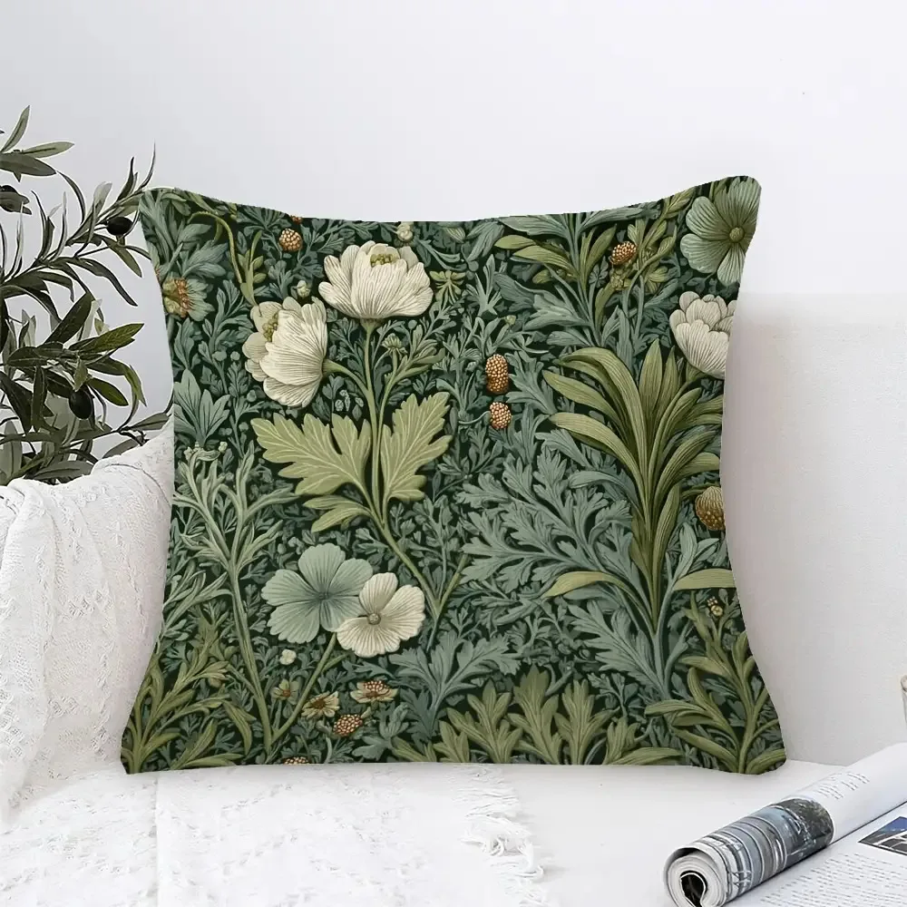1 Stück Vintage Kissenbezug in Salbeigrün mit Waldkraut-Design, für Sofa, Wohnzimmer & Schlafzimmer