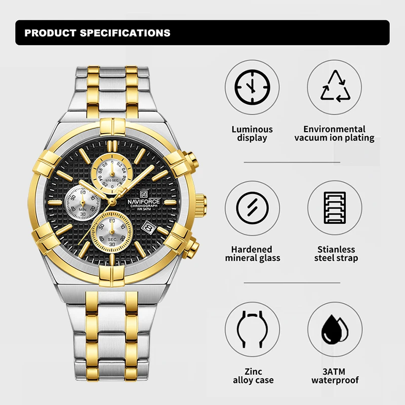 NAVIFORCE Men\'s Luxury Wristwatches Stainless Steel Strap Waterproof Quartz Calendar Man Clock Business Male Chronograph Watches