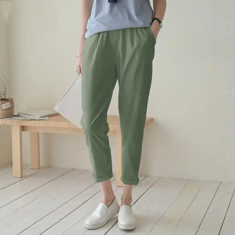 

Women's Casual High Waisted Cotton Linen Crop Pants Loose Fit Trousers Harajuku Sle Youthful Summer Faion ket Detail