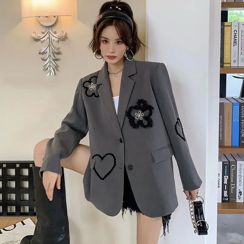 Women's Suit 2026 Spring Autumn Embroidered Profile Suit Jacket Casual Loose Rrey Blazer Vintage Pocket Outwear Coat Female