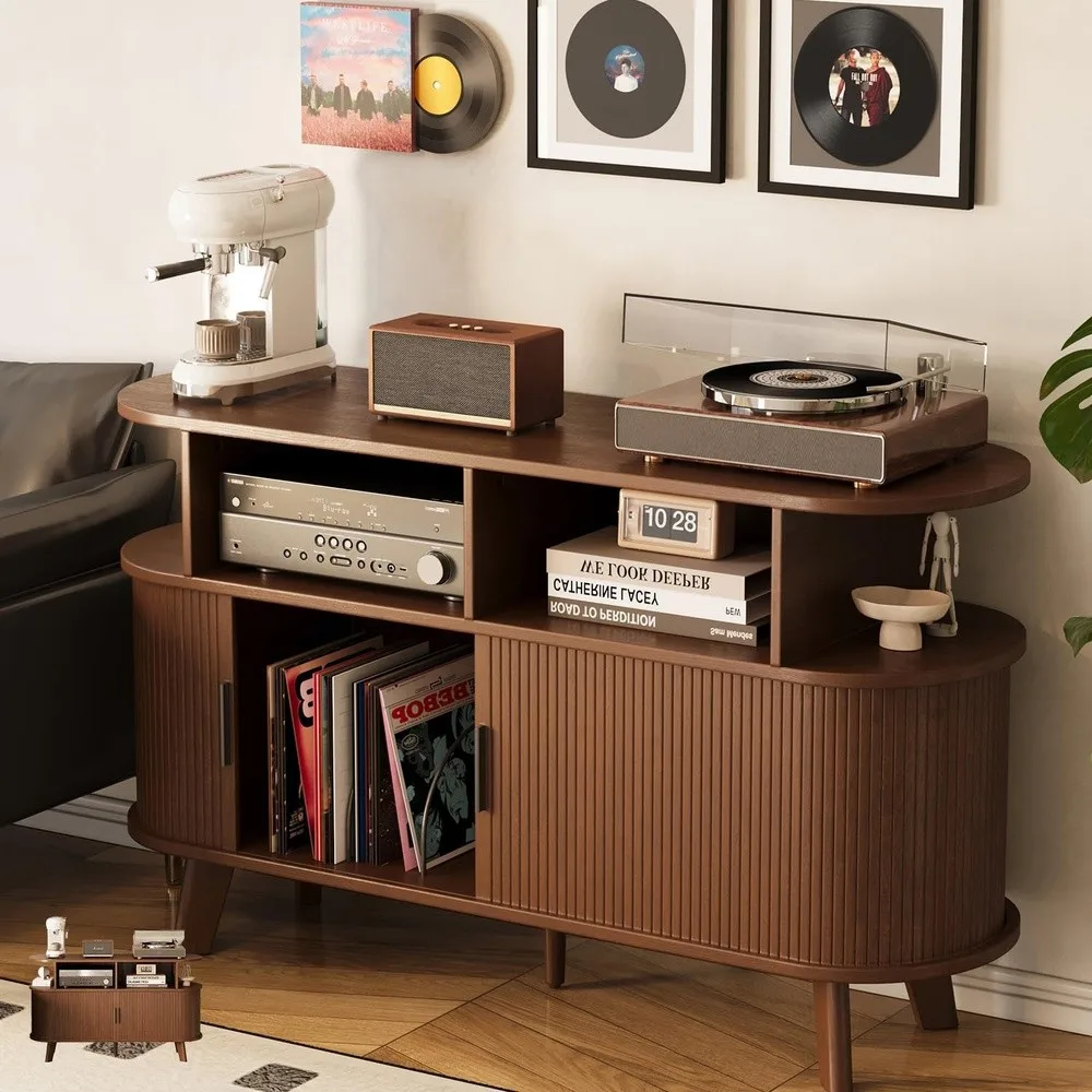 Large Record Player Stand with Sliding Doors Fluted Media TV Stand
