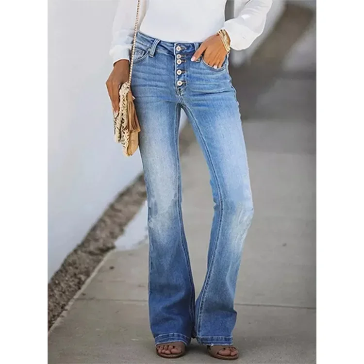 Fashion Vintage Casual Jeans Multi-Button High-Waisted Slightly Flared Women's Jeans Women's Washed Denim Elegant Slim Pants