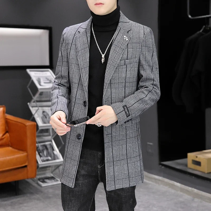 

2023 Autumn Winter Plaid Woolen Coat Men's Mid-length Casual Business Trench Windbreaker male Slim Social Streetwear Overcoat