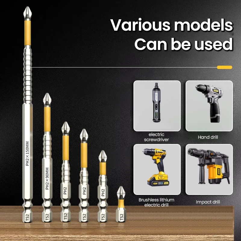 Vis de perceuse à main électrique croisée antidérapante, haute dureté et forte, 25/50/65/70/90/150mm, 6 pièces