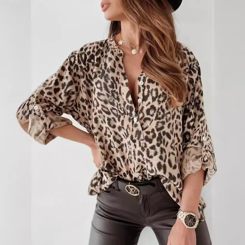 Women Shirt Fashion Long Sleeve Stand Collar Tops Buttons Leopard Print Office Ladies Shirt Blouse Female Clothing Shopping