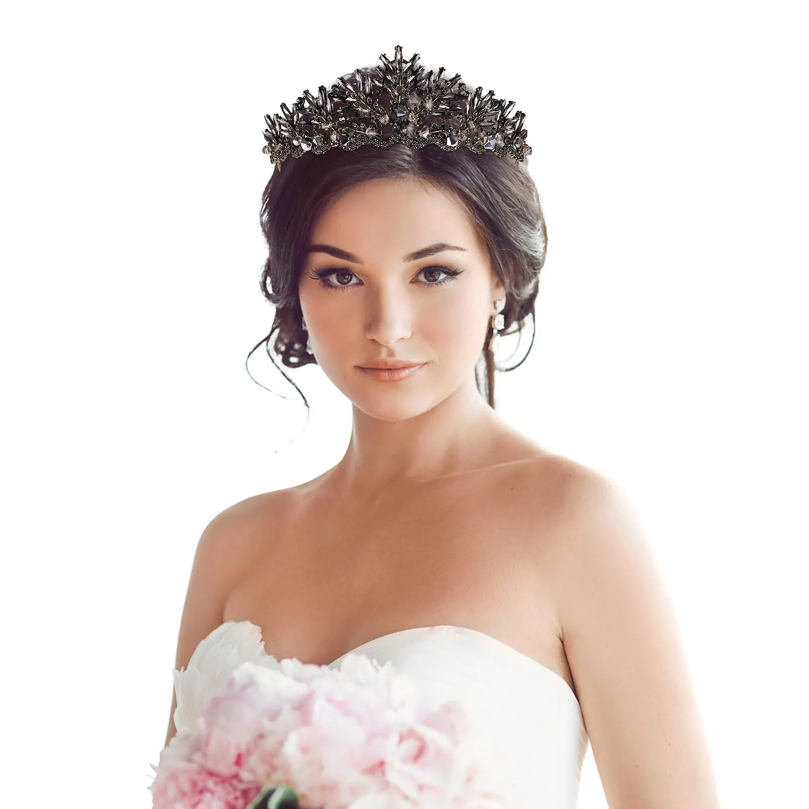 

Baroque Crown Elegant Wedding Headpiece Black Rhinestone Tiara Vintage Bride Headdress Shiny Jewelries Hair Style Engagement