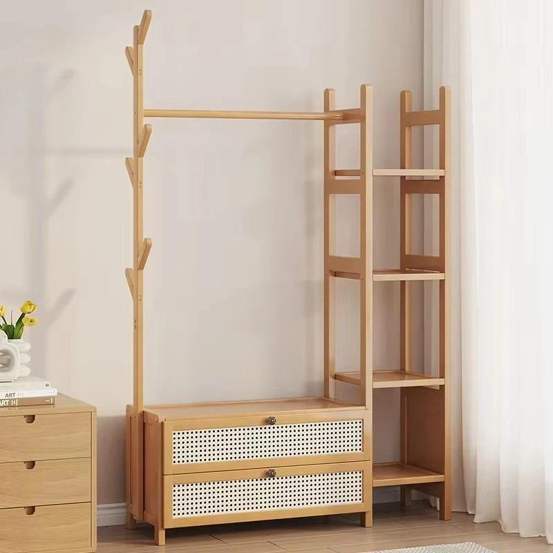 Wooden hangers with rattan drawers, open storage racks, hangers, suitable for bedroom, porch