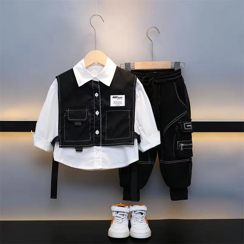 Jongens Lente En Herfst Pak Set Jongens Tweedelige Cowboy Vest Set Koreaanse Editie Kinderen Modieuze Tweedelige Kinderen Outfits 2024