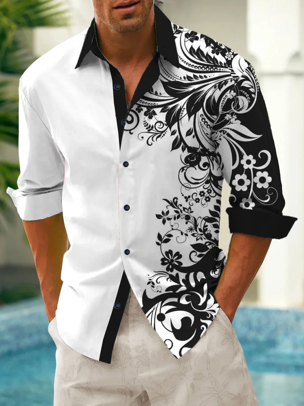 

Men's Classic Retro Black White Curly Grass Pattern 3D Printed Shirt Long-sleeved Lapel Shirt Business Casual Vacation Outdoor