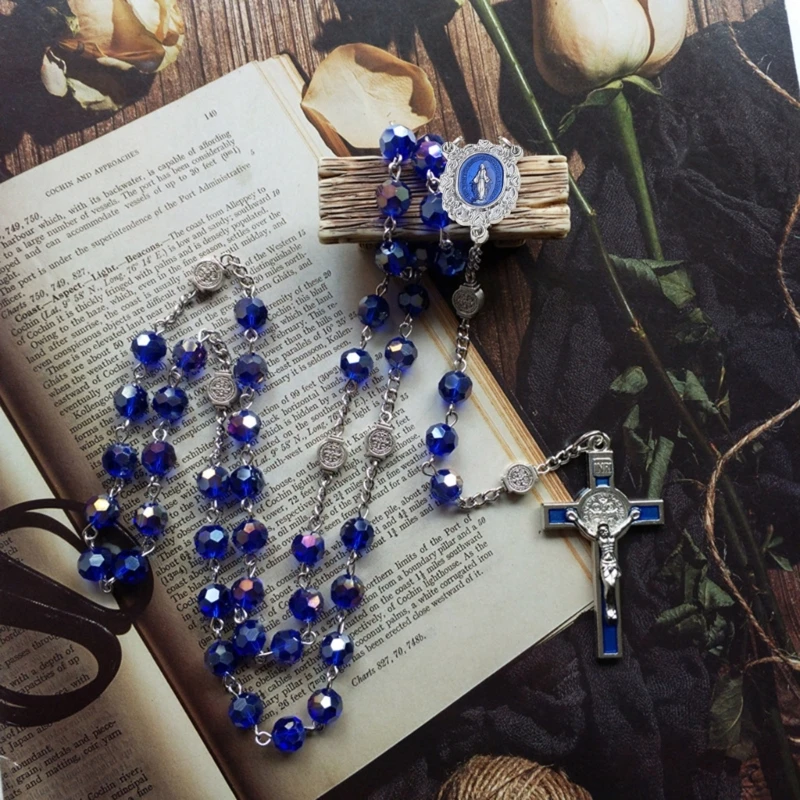 Vintage Blue Crystal Bead Rosary Necklace for Men and Women, Catholic Religious for Cross, Jesus Pendant Necklaces