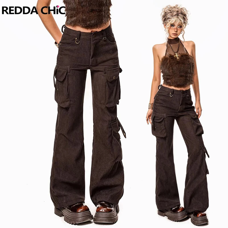 

Женские вельветовые брюки-карго REDDACHiC свободного кроя с низкой талией, широкими штанинами и множеством карманов, винтажные, в уличном стиле