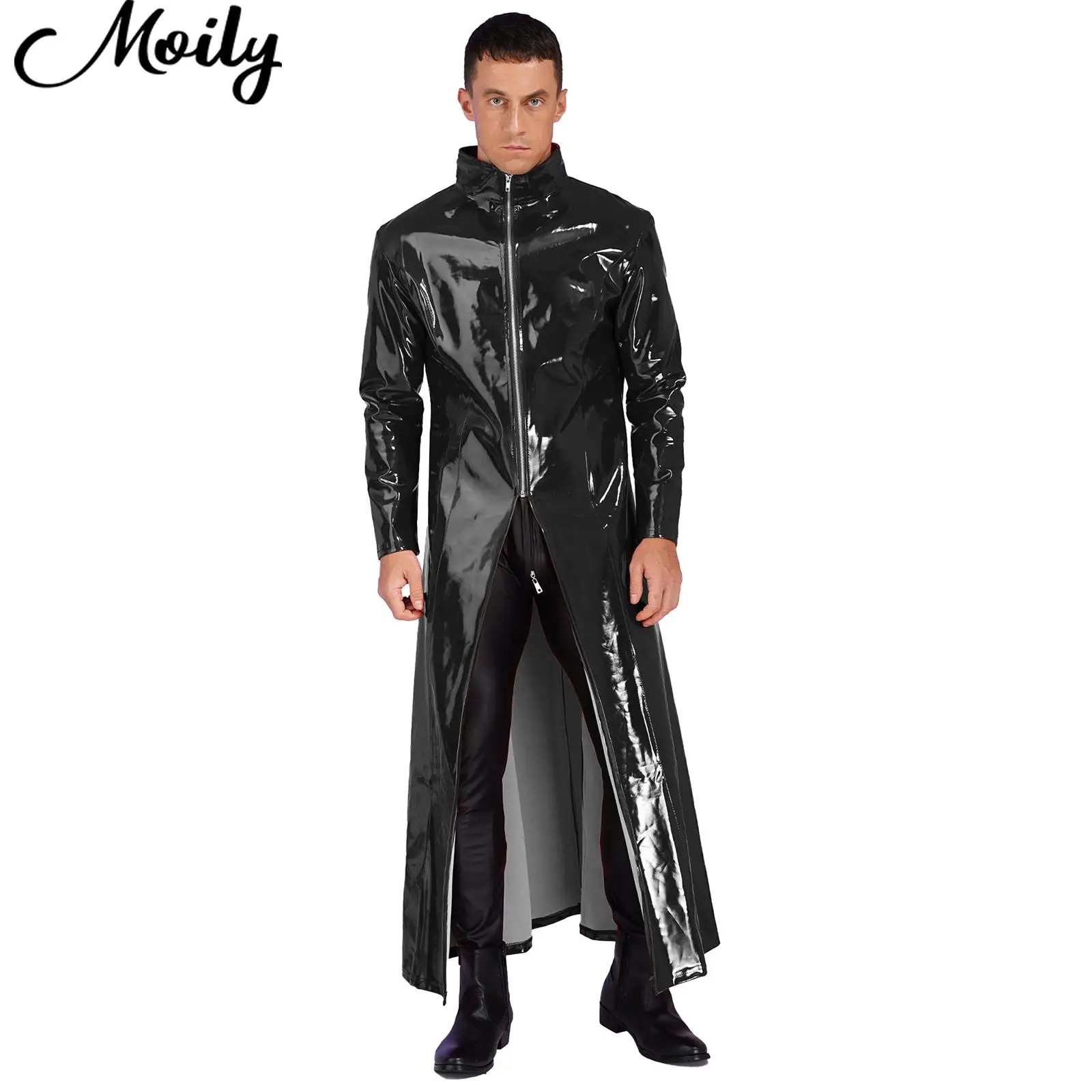 Sexy Mens Wetlook Patent Leather Long Sleeve Cloak Coat Party Club Stage Performance Costume