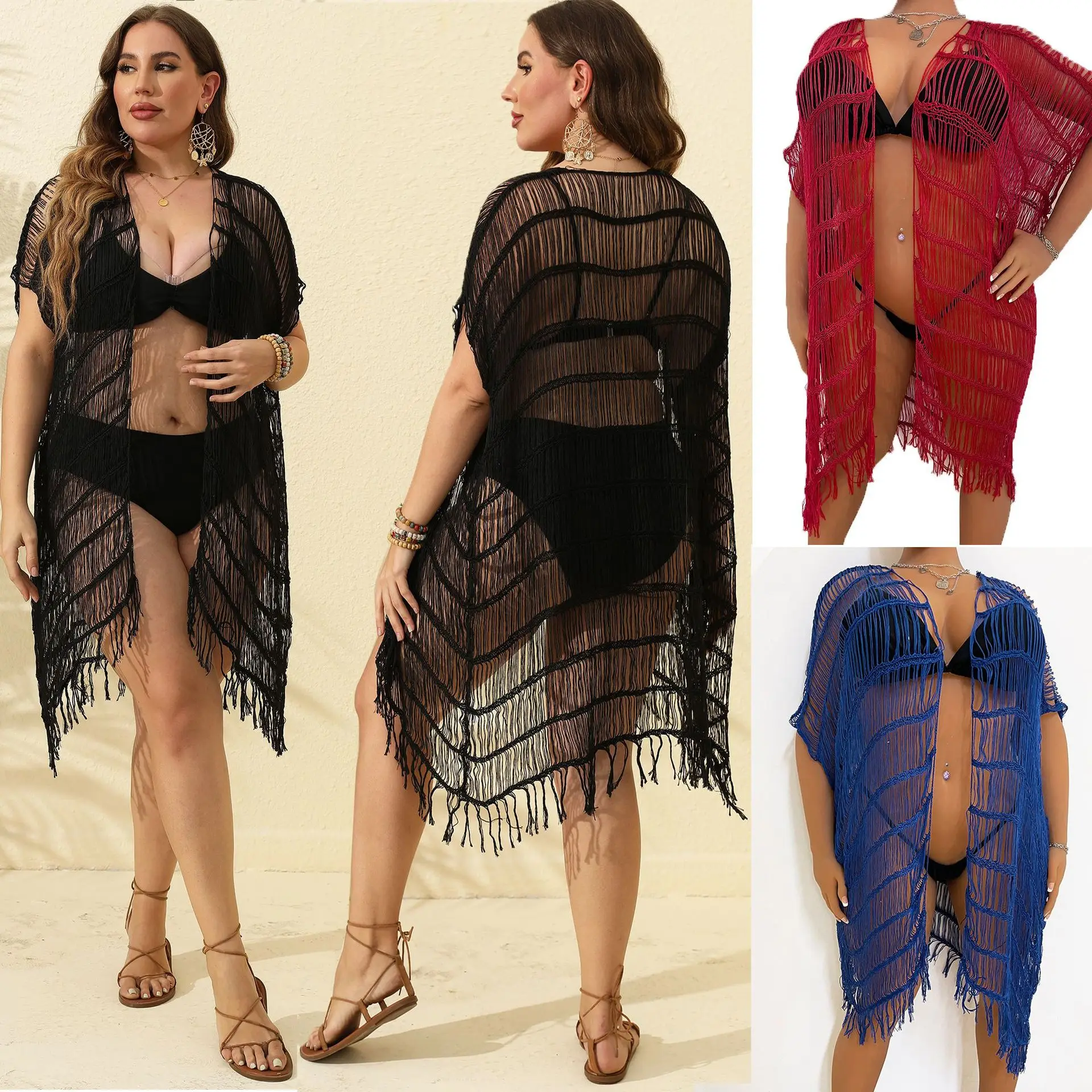 Plus Size Women Sexy Fishnet See-through Bikini Cover-up Oversize Beach Dress Cardigan Beachwear Tassels Stripes