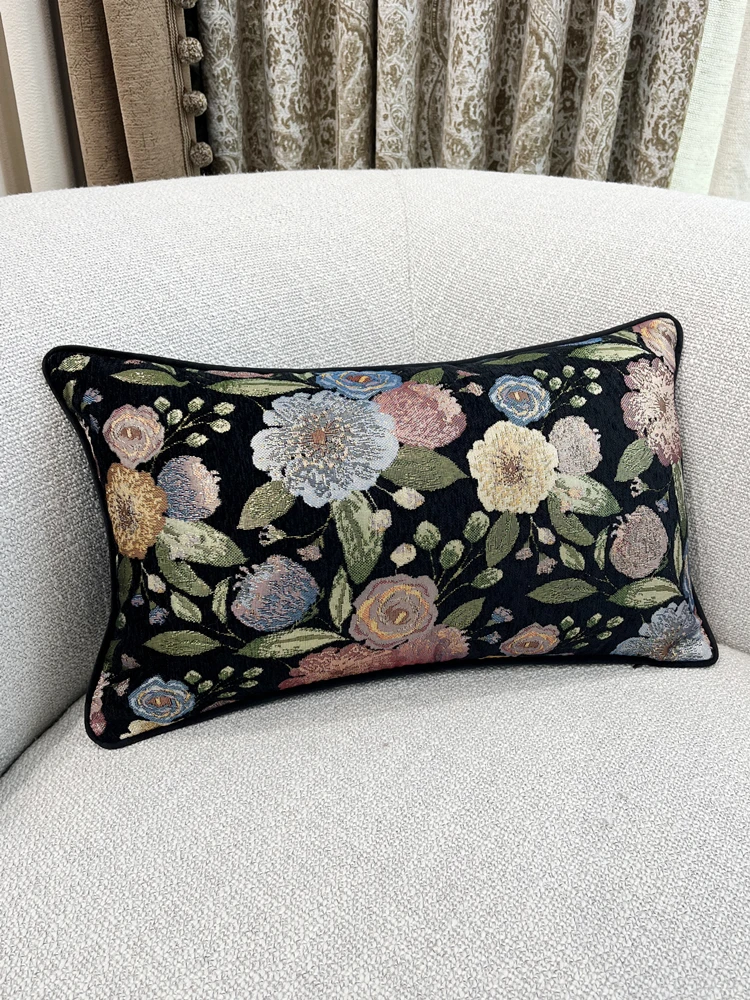 Vintage Fashion Black Chenlle Floral Waist Pillow Case Home Decor Sofa Car Chair Lumbar Living Cushion Cover 30x50cm, 1 Pc Set