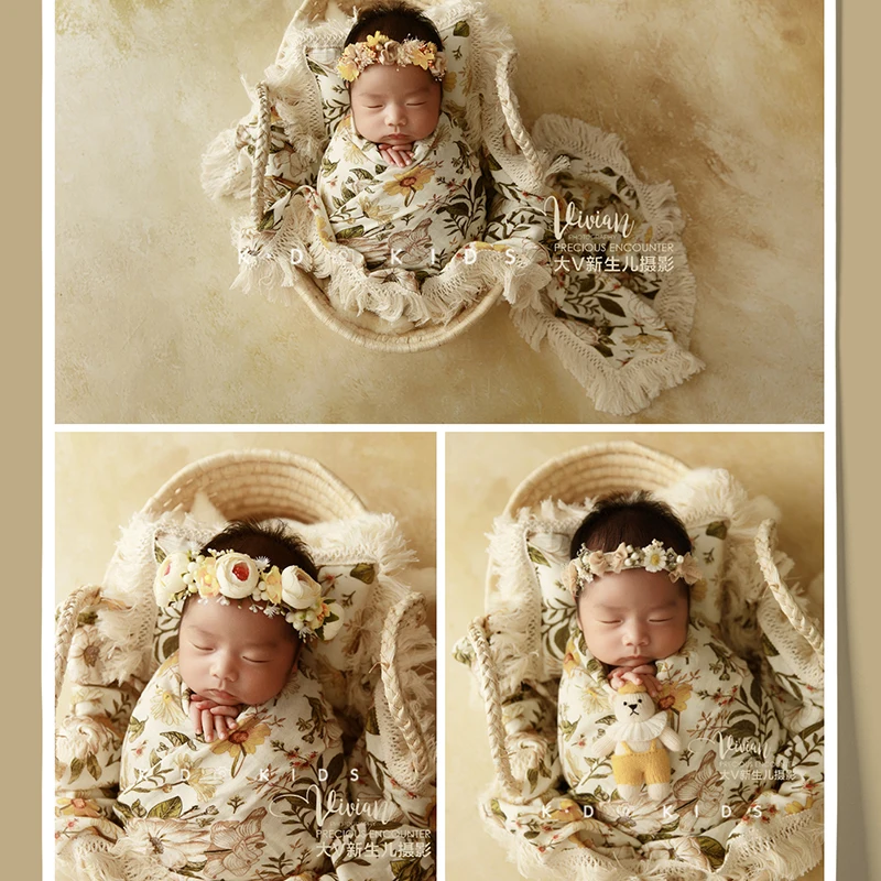 Newborn Photography Wraps Stretch Printed Wrap Blanket Pillow +Doll+Pose Baskets For Shooting Props Studio Photo Accessories