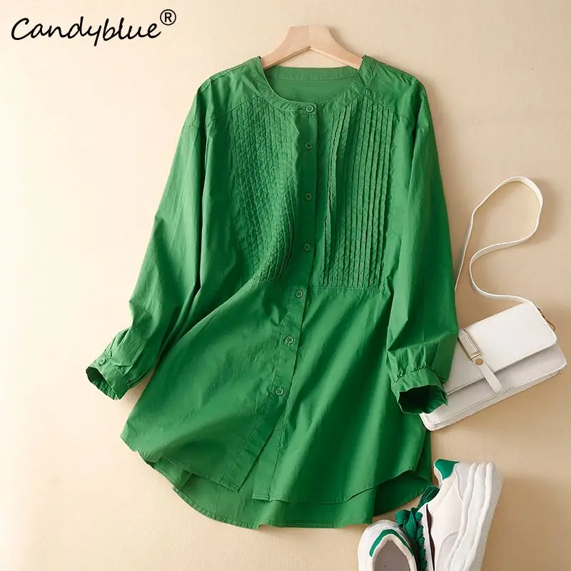 

Green Shirt Female Spring/Summer 2023 New Vintage Simple Front Pleated Design Mock Neck Shirt Women's Loose Medium Length Blouse