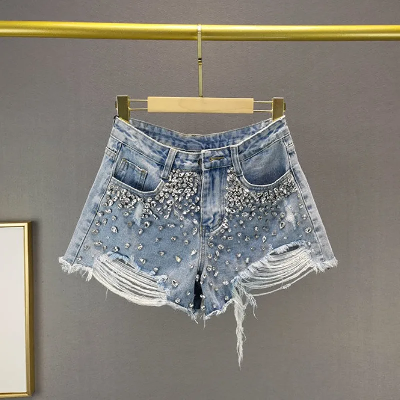 

Ripped Holes Wide Leg Denim Shorts Women 2024 Summer New High Waist Loose Streetwear Jean Shorts Y2k European Diamonds Hot Pants