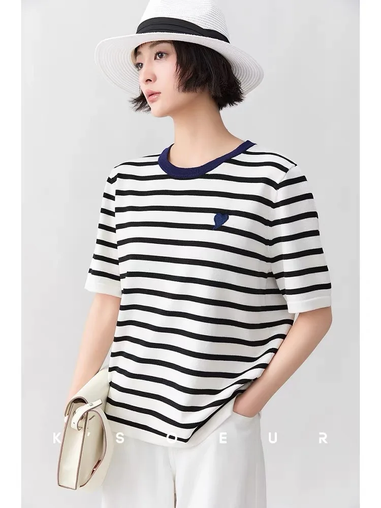 Verão feminino de malha camiseta camisola amor bordado listrado solto moda casual camisetas topos manga curta coreano senhoras jumpers