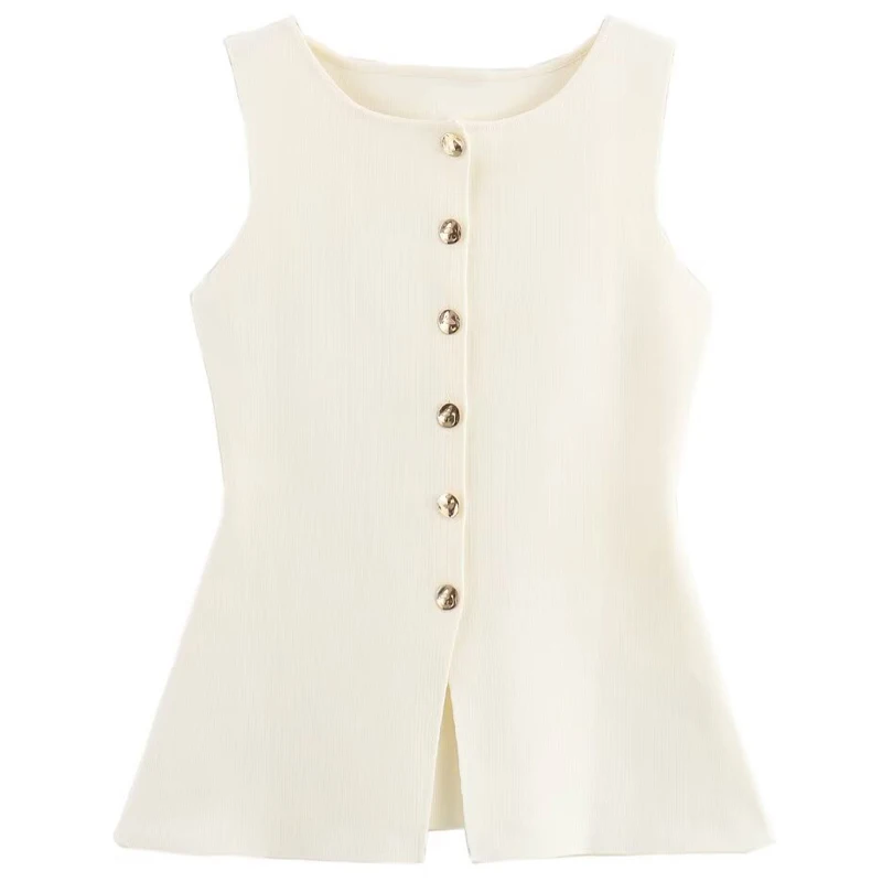 HXAO-Gilet en tricot blanc cassé pour femme, cardigans boutonnés, pulls d'extérieur minces à col rond, nouveaux tricots décontractés