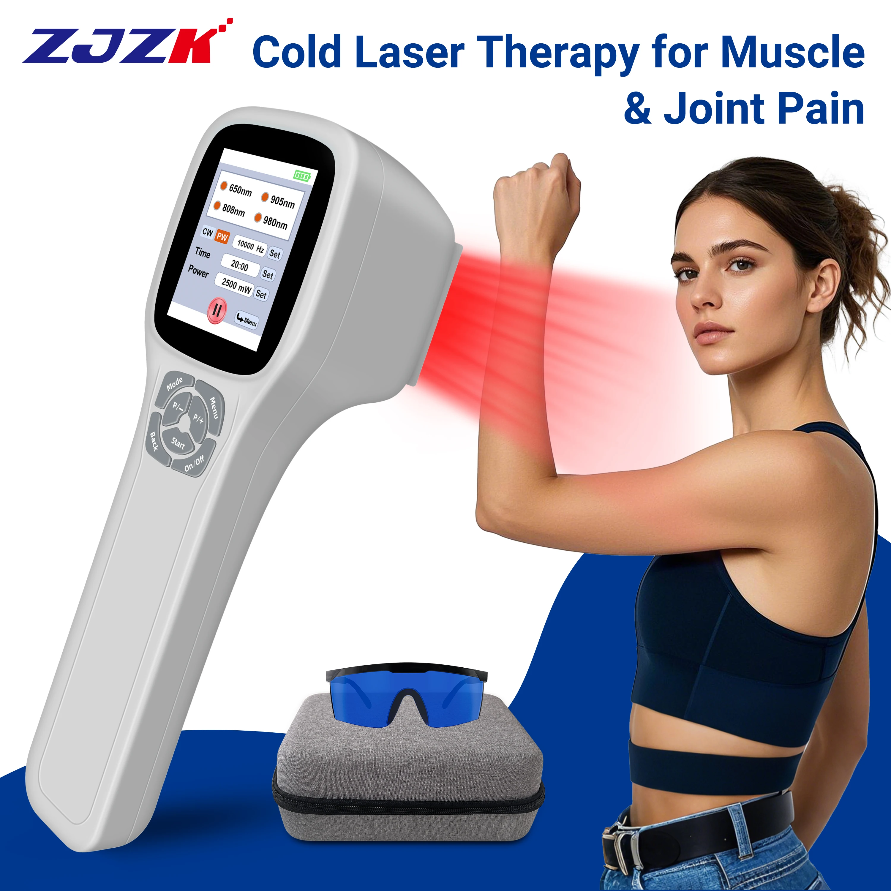ZJZK Portable 2500mW Cold Laser Therapy Device 650nm 808nm 905nm 980nm Touch Screen Red/NIR Light for Chronic Pain Management