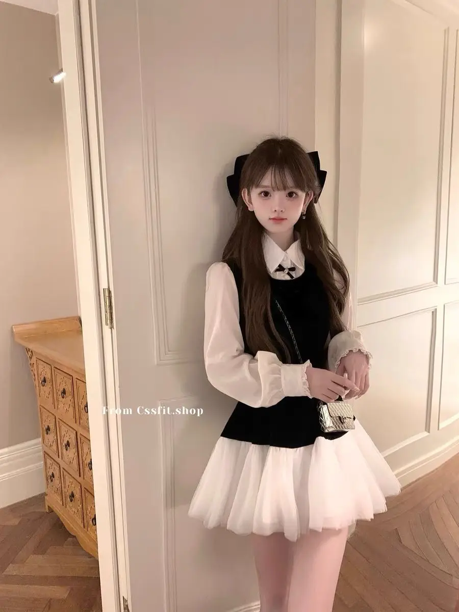 

2025 New Sweet Sleeveless Tank Mesh Mini Shirt Two Pieces Set Women Fashion White Shirt Ball Gown Dress Clothing