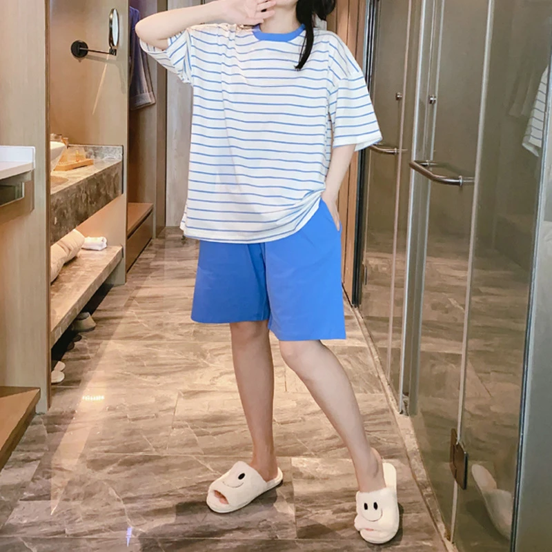 100 кг хлопковые пижамы больших размеров, женские летние полосатые свободные пижамы, домашний костюм, корейская студенческая одежда для отдыха для девочек, которую можно носить на улице