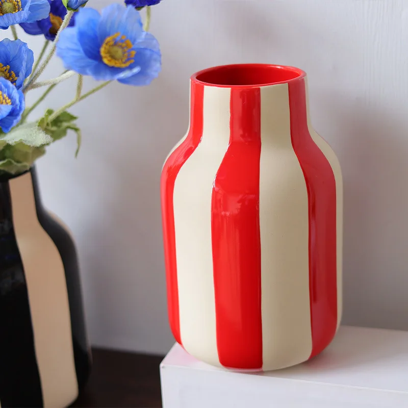 Ceramic Vase Geometric Stripes in Red Flower Vase Flower Arrangement Accessories Ceramic Handicrafts Home Decoration