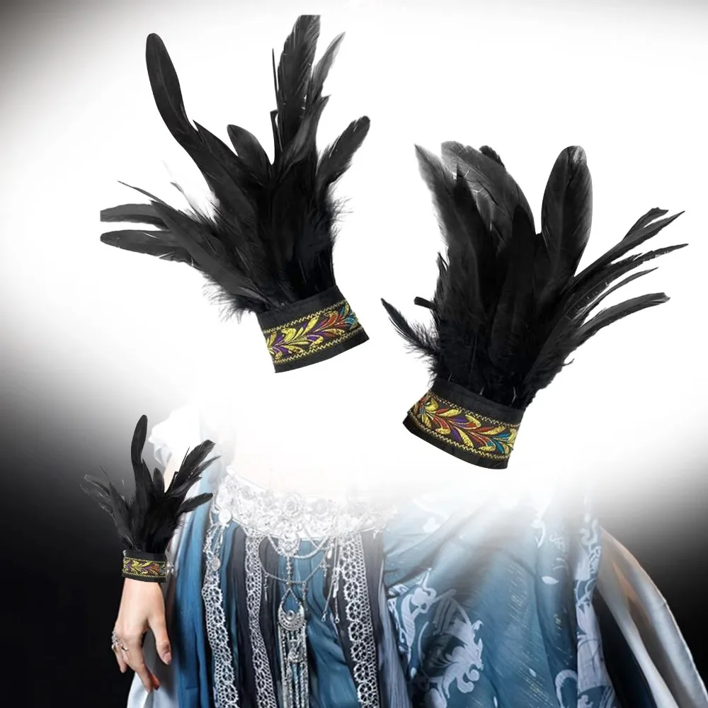 1 Piar Gothic Halloween Carnival Feather Wrist Cuff Embroidered Band Adjustable Straps Fluffy Feather Gloves Cuff Unisex