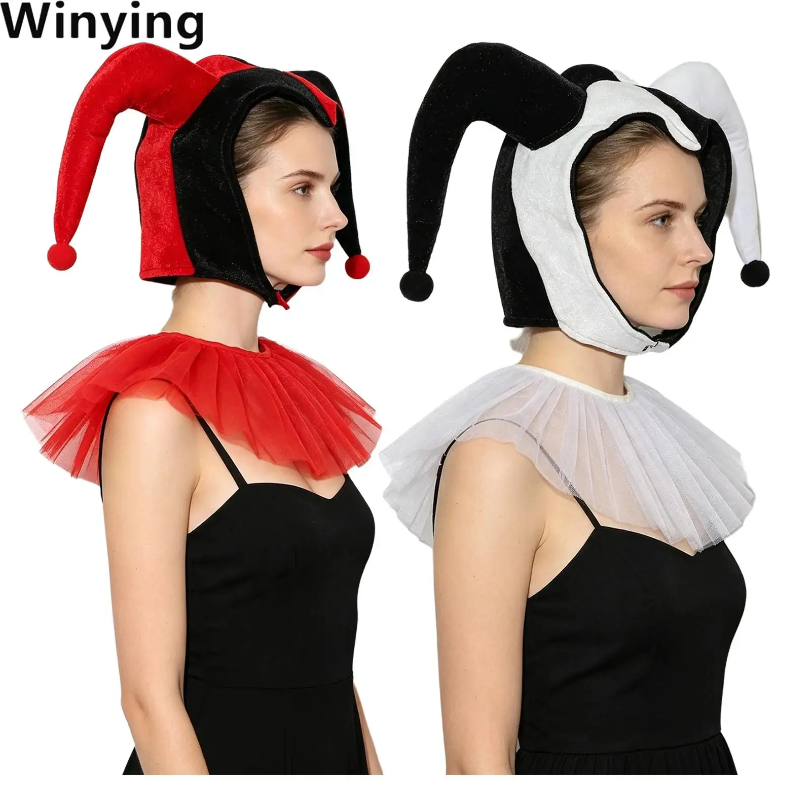 Gothic Contrast Color Horned Hat with Adjustable Layered Mesh Tulle Faux Collar Costume Accessories for Halloween Cosplay