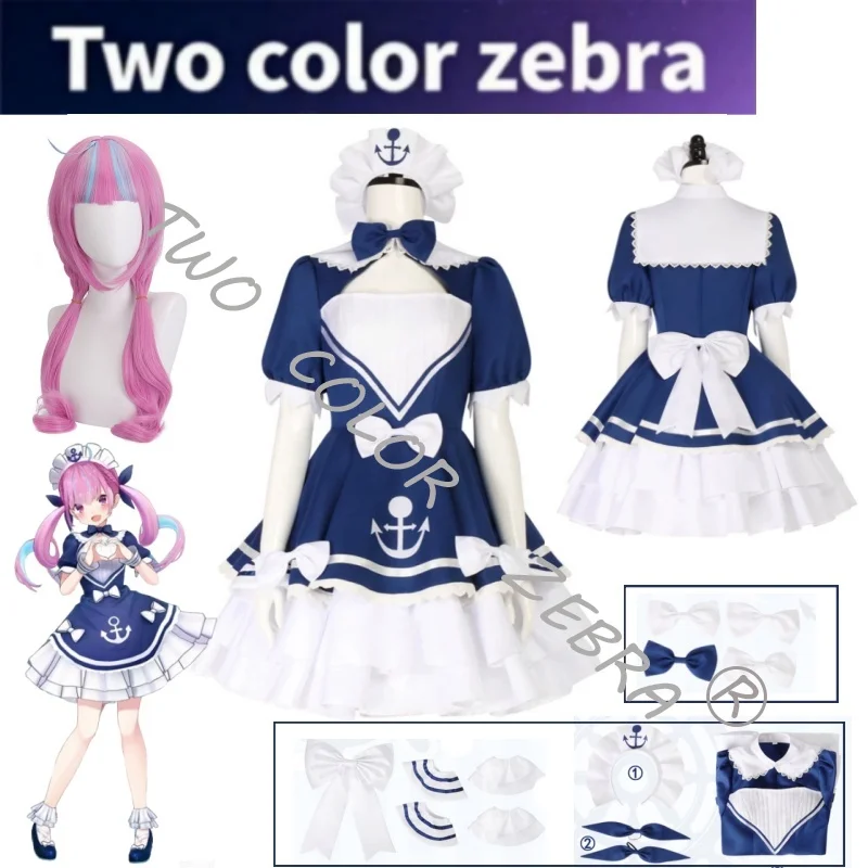 Disfraz de Cosplay de Minato Aqua de Hololive, Youtuber Virtual, Vestido de Marinera Azul para Convenencias de Anime y Fiestas de Halloween