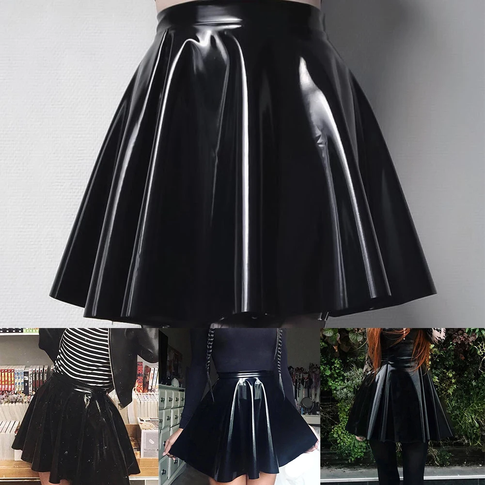 Women PVC Leather Pleated Short Skirt Flared A Line Skater Skirts Clubwear Dance Female Vintage Pleated Minis Glossy Short Dress