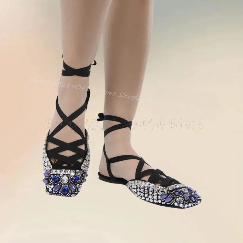 

Floral Crystal Decor Square Toe Twine Pumps Lace Up Women Shoes Low Top Sexy Fashionable Party Banquet 2024 Zapatos Para Mujere