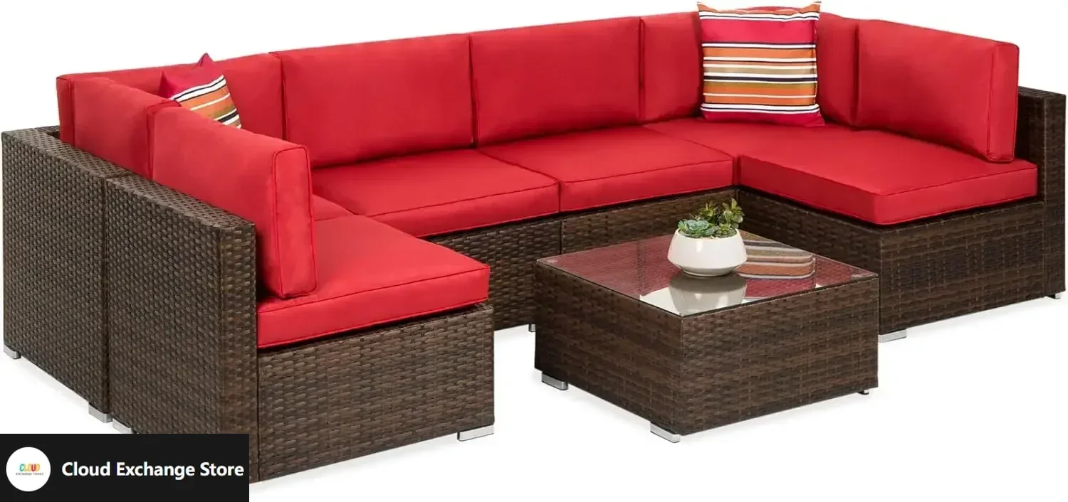

Best Choice Products 7-Piece Modular Outdoor Sectional Wicker Patio Conversation Set w/ 2 Pillows, Coffee Table,Brown/Red