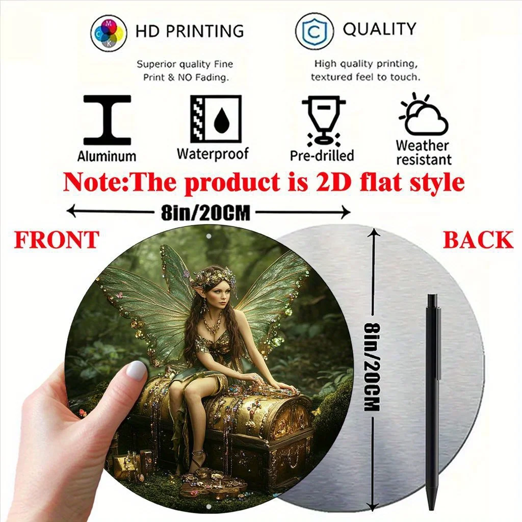 2D Flat, 1pc Enchanting Fairy with Wings Round Aluminum Wall Art - 8x8 Inch Vintage Decorative Sign, Whimsical Forest Scene with