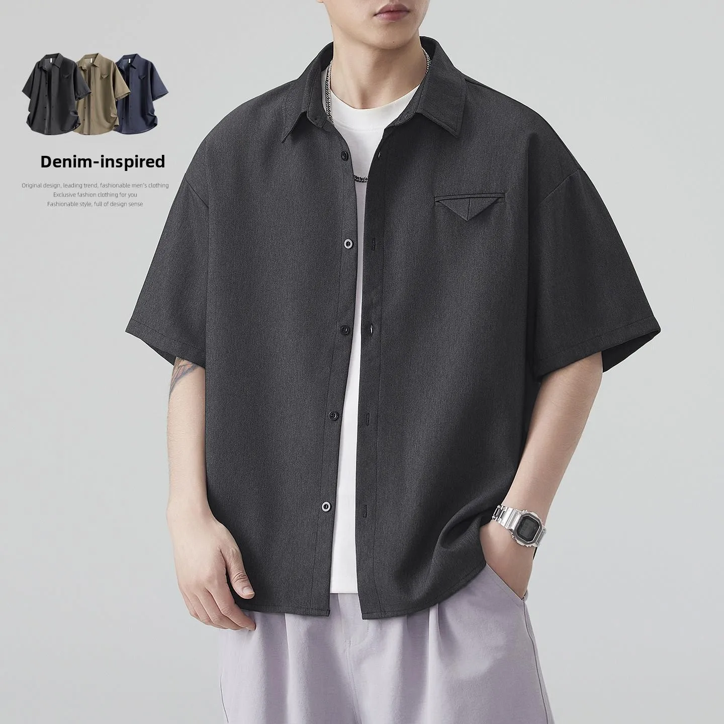 

Loose Fit Casual Style Men's Short Sleeve Shirt Denim Fabric Design Turn-down Collar Fashionable Summer New Arrival