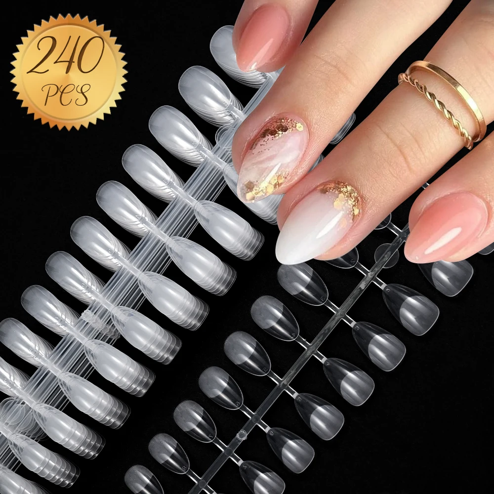 240/120 Uds uñas postizas de almendra cortas semiesmeriladas acrílico transparente cubierta completa extensión de puntas de uñas postizas prensa usable en las uñas