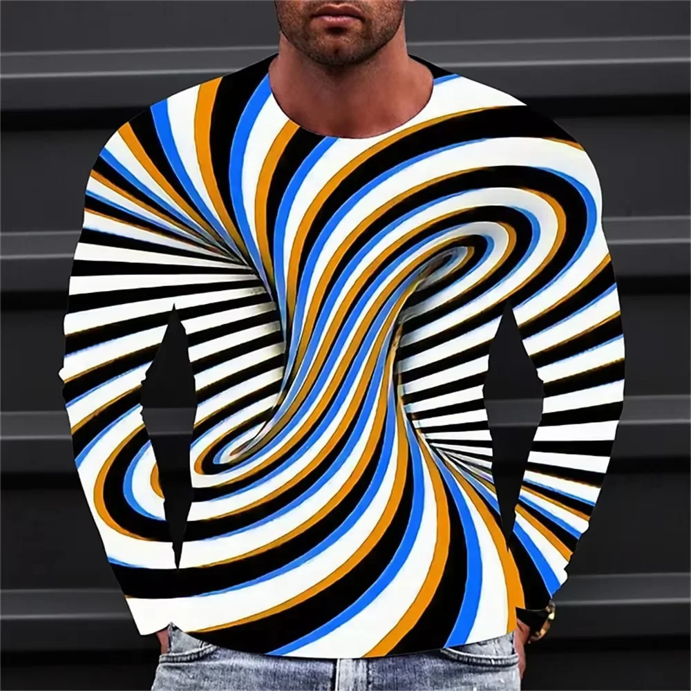 Fashionable Men's Printed T-shirt Optical Illusion Round Neck Long Sleeved Street Harajuku Exaggerated Designer Round Neck Top