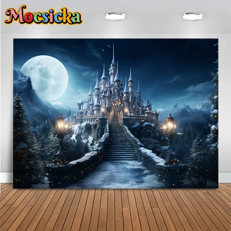 모시카 성 달 배경 사진 소품, 크리스마스 밤 사진 스튜디오 키트, 배경 벽지 장식, 포토존