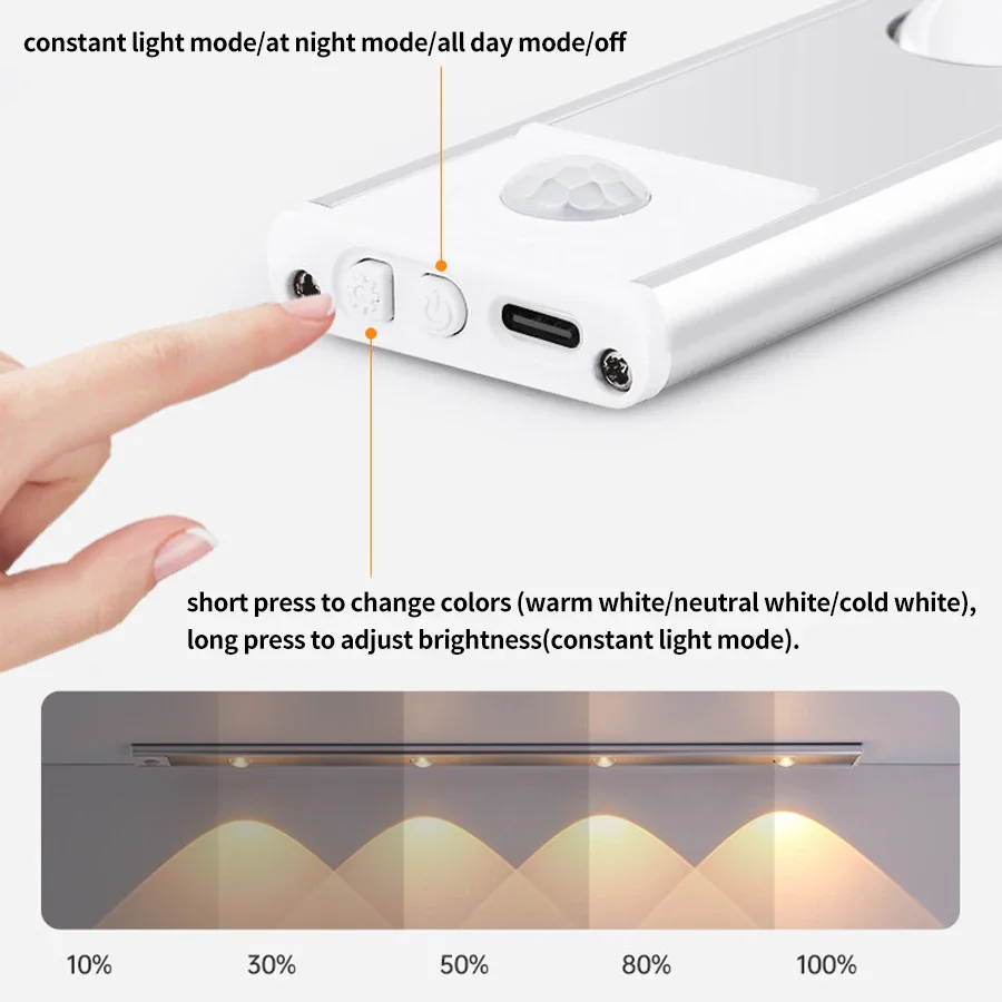 LED Rechargeable Auto Sensor Night Light 20/30/40/50cm Cabinet Lighting Bedroom Study Light 3 Colours Adjustable Wall Lights