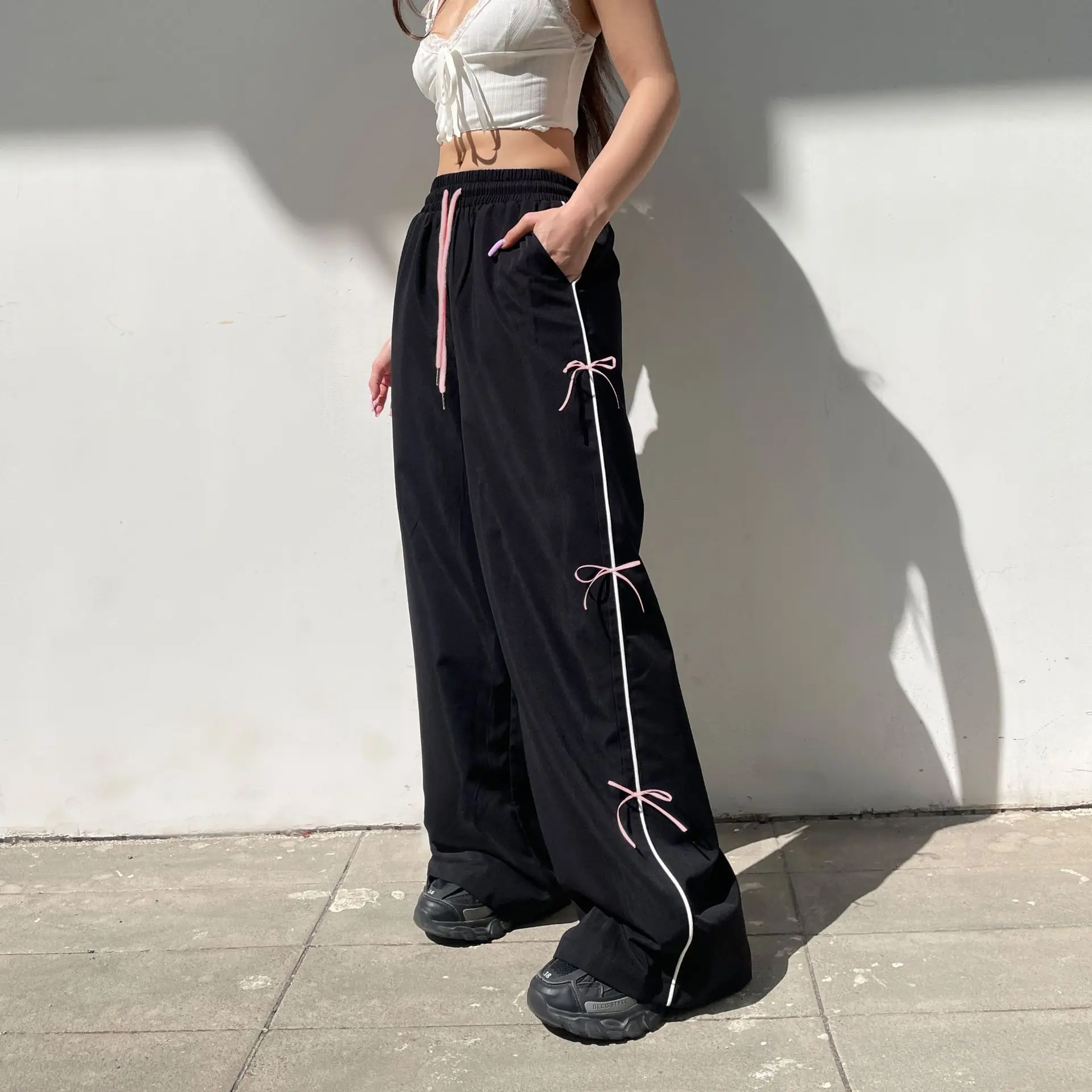 Women Sports Trousers Bow Elastic Waist Drawstring Slacks Loose Floor Length Streetwear 2024 Autumn Female Wide Leg Pants