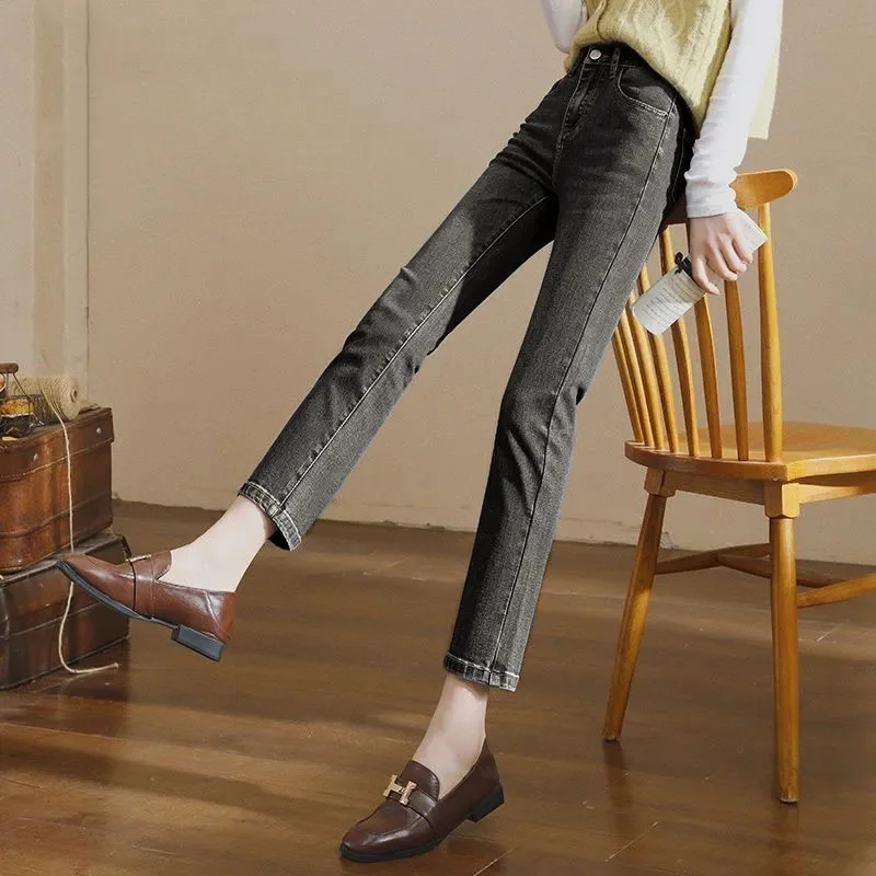 한국식 스트레이트 레그 청바지 여성 빈티지 하이 웨이스트 탄성 슬리밍 크롭 팬츠 부드러운 실루엣 가을/겨울