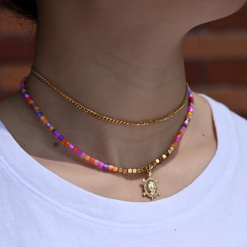 Colorful Natural Shell Turtle Necklace for Women Fashion Stainless Steel Mother of Pearl Beads Choker Jewelry MOON GIRL Design