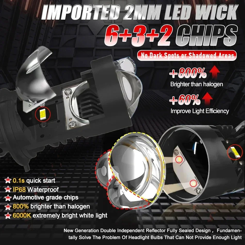 キャロリンカー H4LED ヘッドライト、ハイビームとロービームを統合、レンズ付き電球、超高輝度スポットライト、55W100W デュアルレンズ