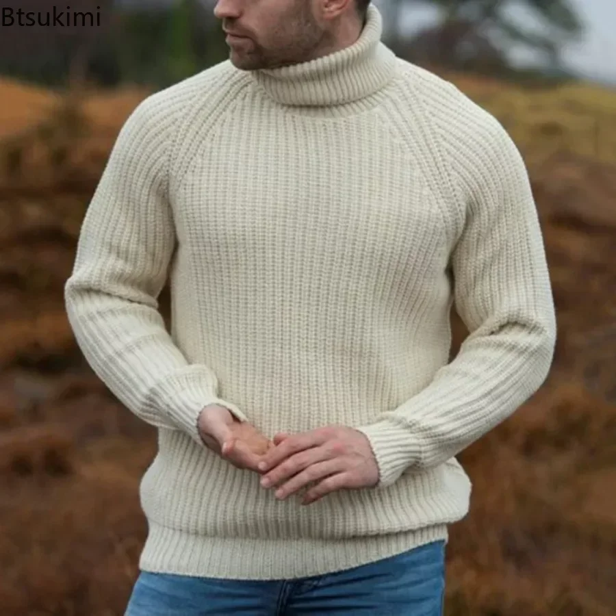 2024Men\'s Thick Warm Turtleneck Sweater Solid Autumn Winter Retro Knitted Sweaters Simple Men Elastic Pullovers Loose Casual Top